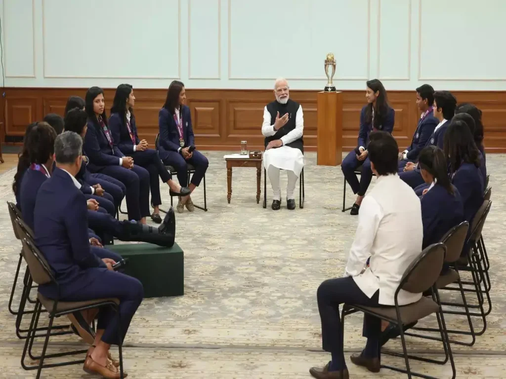 PM Narendra Modi meets the Indian Women's team after their ICC Women's World Cup victory