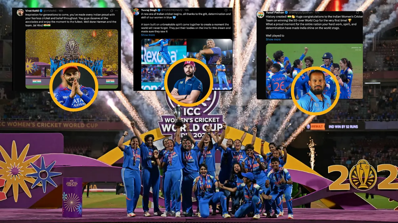 Virat Kohli, Yusuf Pathan, and Yuvraj Singh congratulate the India Women's team on the World Cup 2025 victory